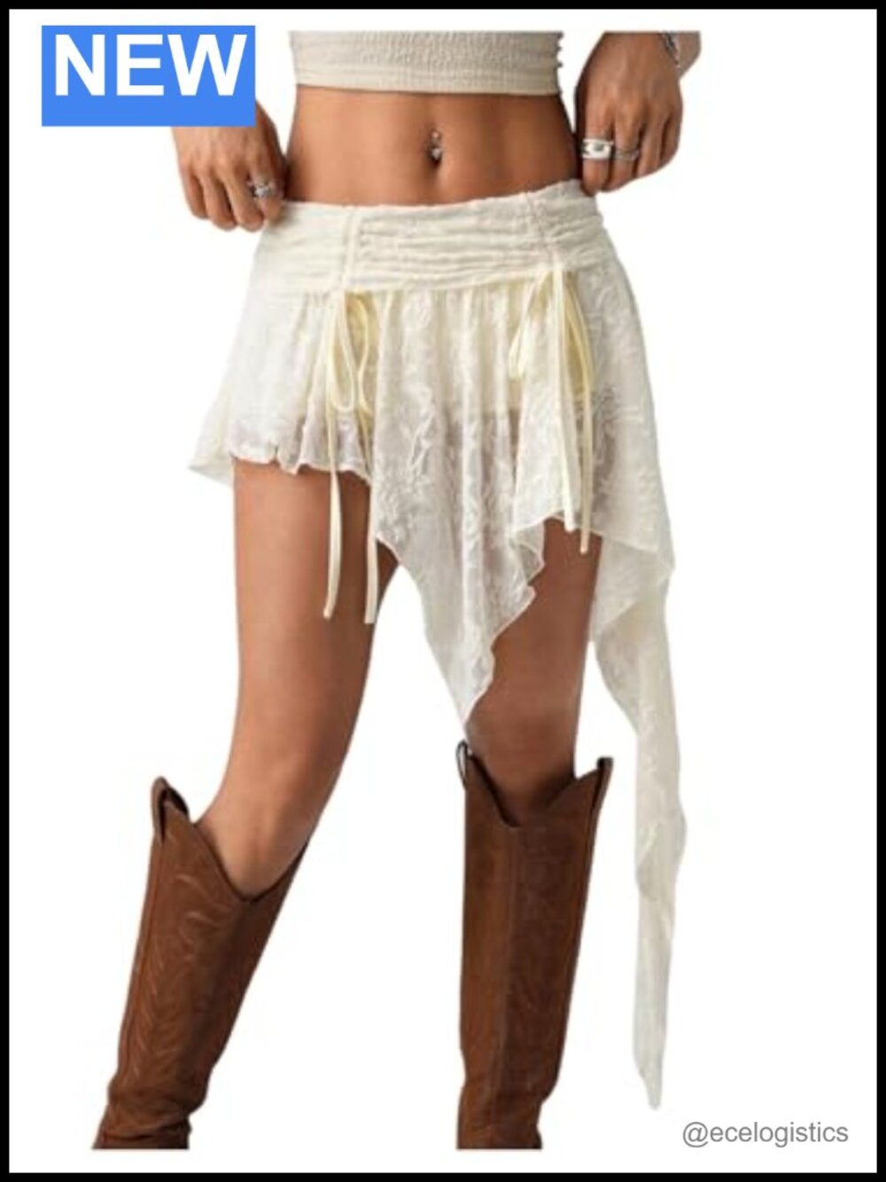 Asymmetrical Lace Mini Skirt A-Line Ruched Drawstring Flowy